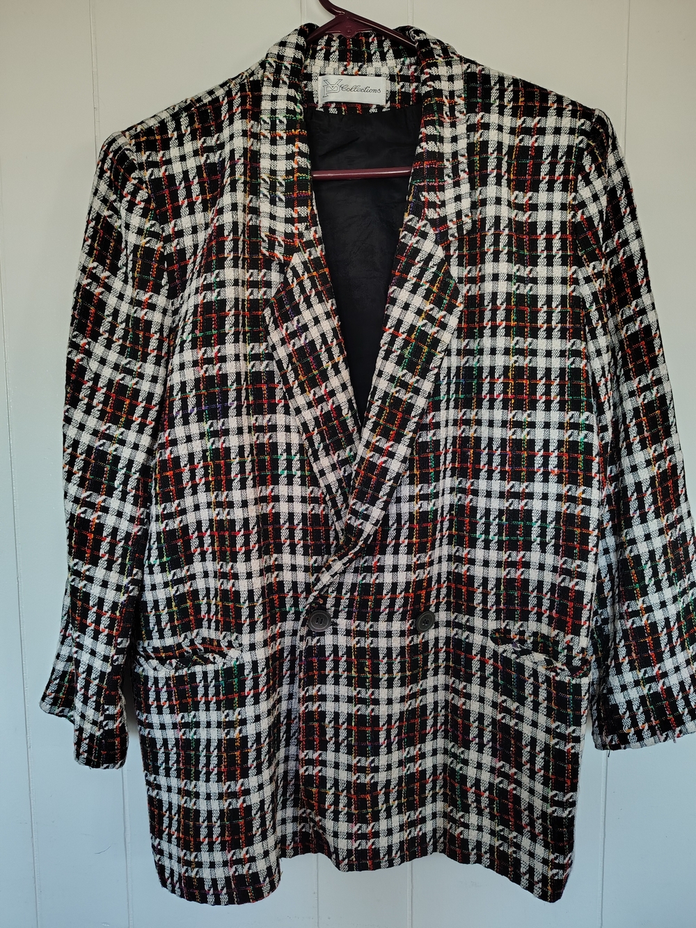 Vintage PV Collections Tweed Plaid Blazer Multicolor Double Breasted Sz 12 .